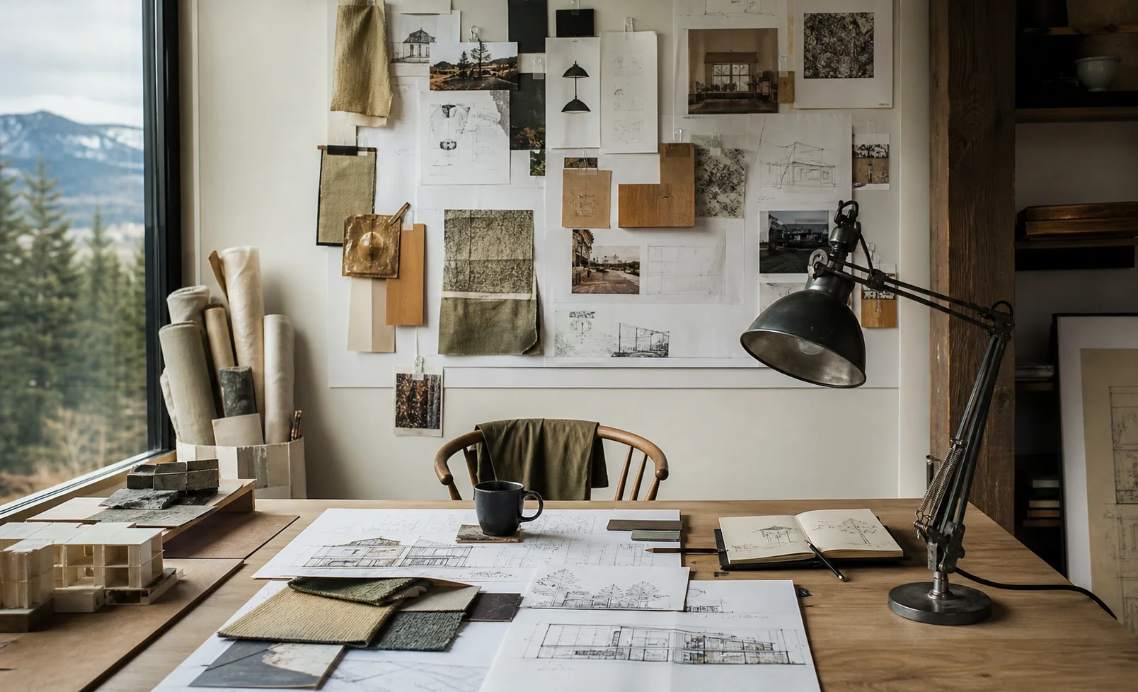 Interior design studio workspace with plans, material palettes, and Montana landscape views