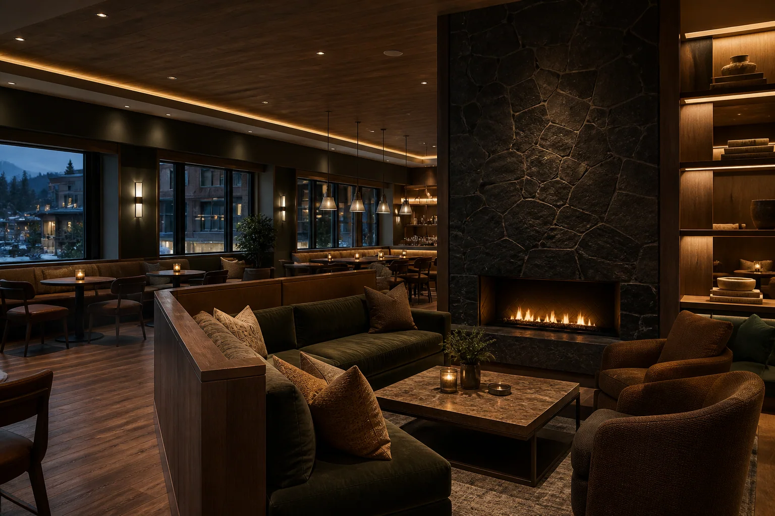 Conceptual hospitality interior with rich wood, stone, and atmospheric lighting