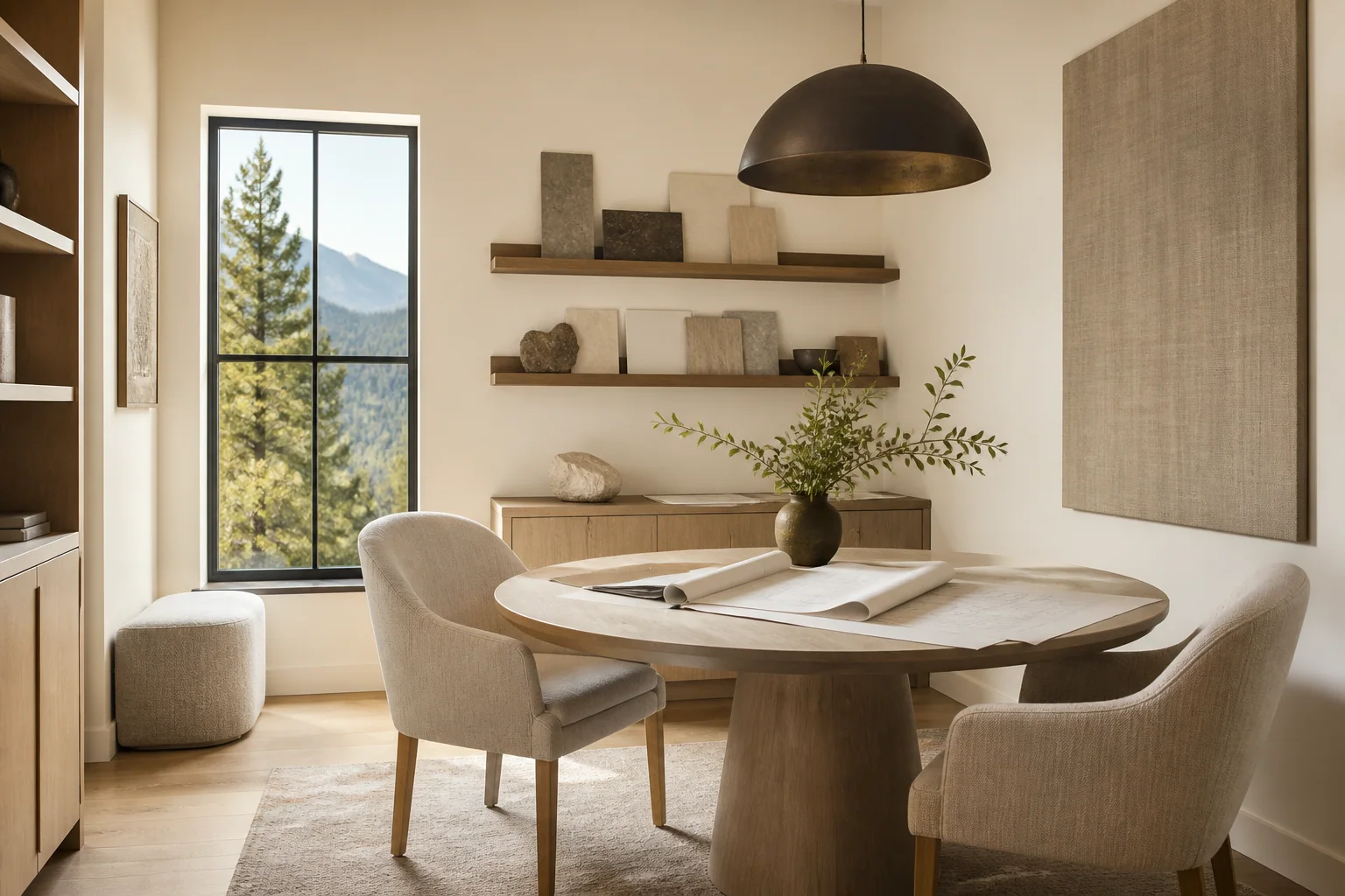 Welcoming interior design consultation space with an oak table, material palettes, and mountain daylight