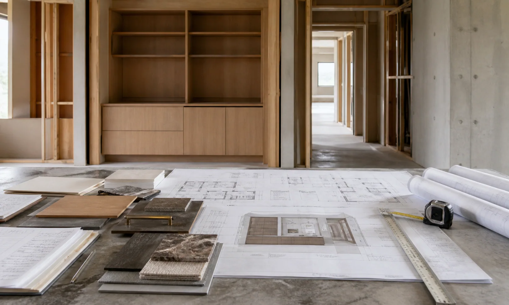 Construction coordination setting with plans, finish samples, measurement tools, and millwork in progress