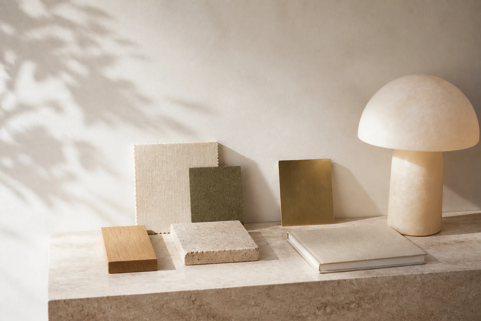 Inviting material palette with oak, natural stone, textile, bronze, and sculptural lighting