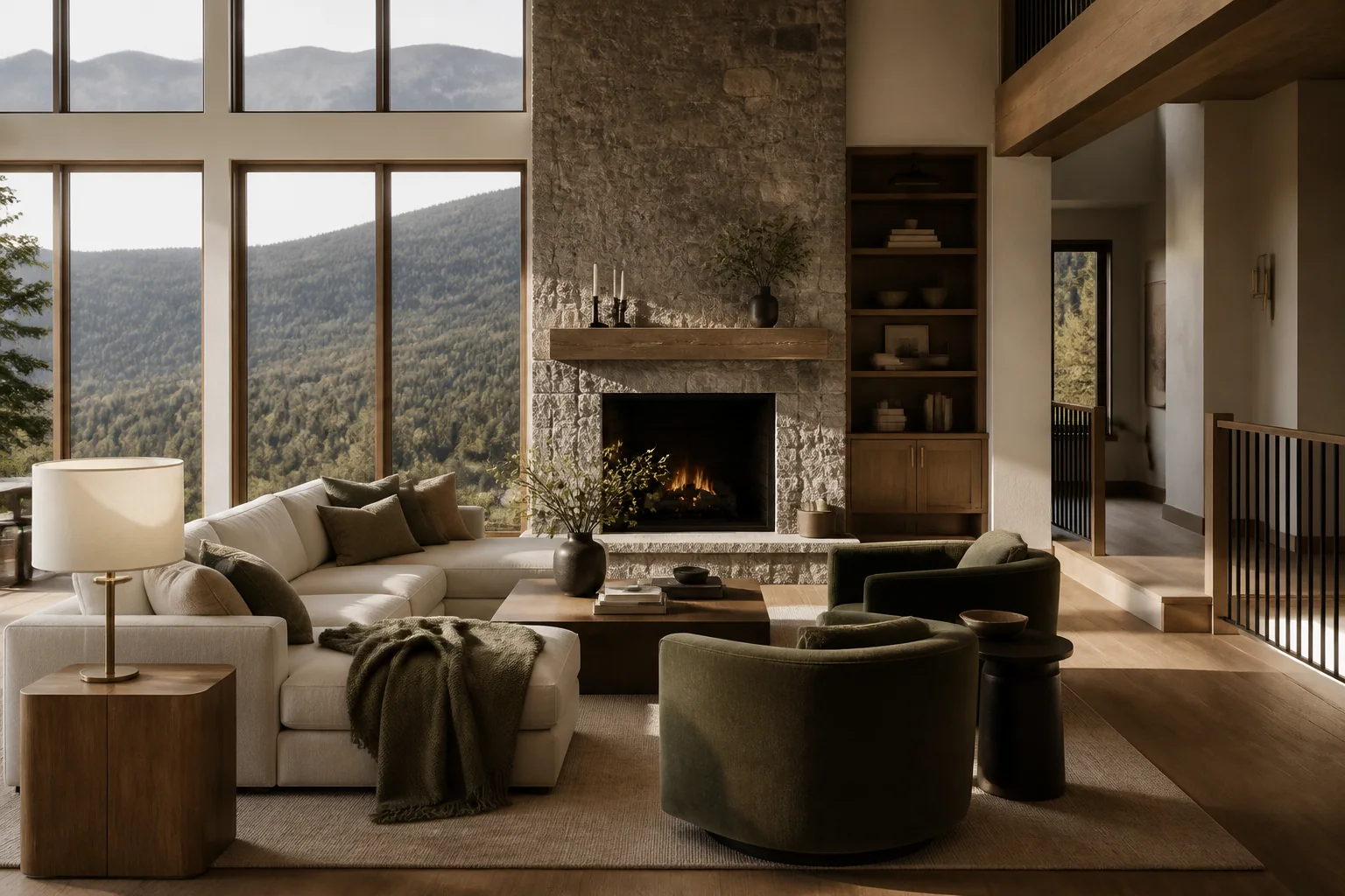 Warm contemporary mountain living room with natural stone, oak, layered textiles, and expansive Montana views