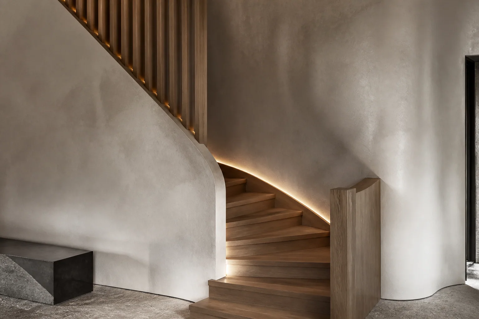 Conceptual architectural stair detail with plaster, oak, and integrated lighting