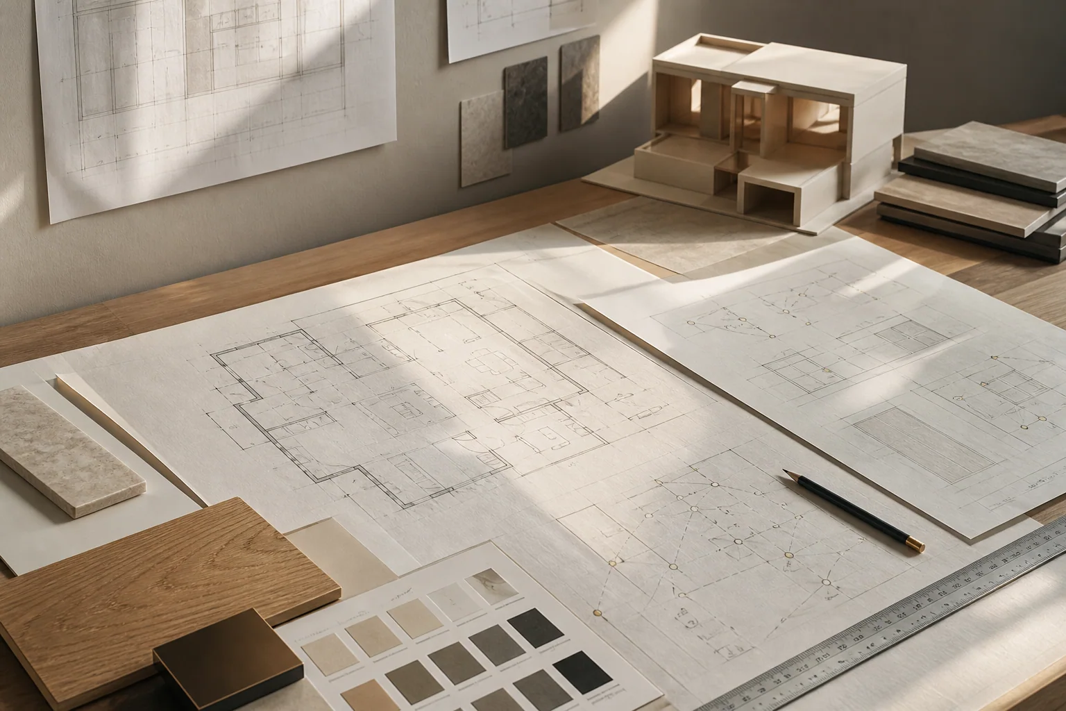 Interior design development table with plans, elevations, material samples, and conceptual studies
