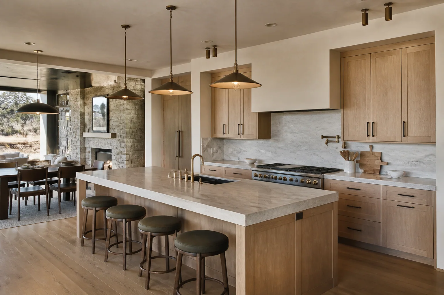 Conceptual warm white-oak kitchen with natural stone and layered lighting