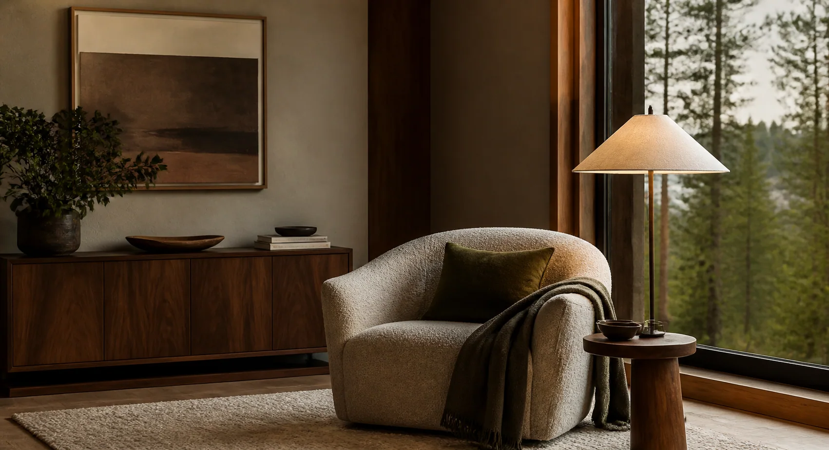 Quiet reading corner with sculptural seating, warm wood, layered light, and a wooded Montana view