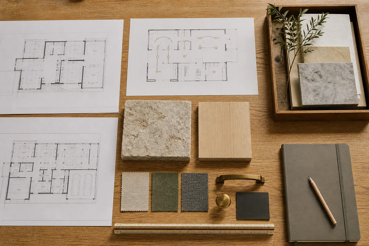 Conceptual interior material palette with natural stone, wood, textile, metal, and fixture samples